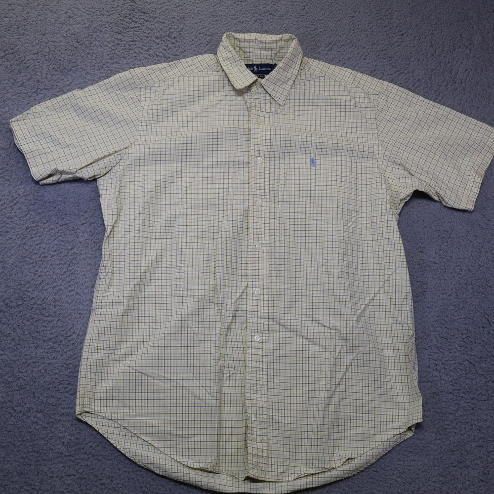 Ralph Lauren Mens Classic Fit Short Sleeve Check Button Down Shirt Yellow L